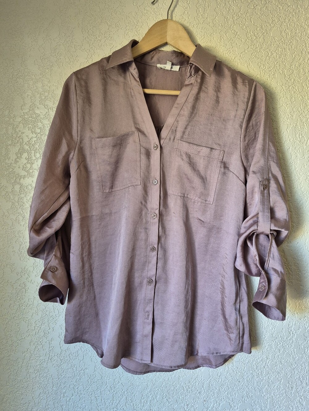 Maurices Dusty Mauve Satin Blouse V Neck Button Down Womens Size XS